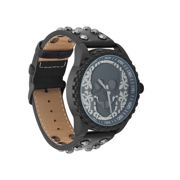 Ed Hardy Men’s Skull Print Dial Matte Black Studded Strap Analog Watch … - Picture 5 of 7